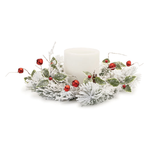 Flocked Pine/Bell Candle Ring 18"D PVC (Fits a 6" Candle)