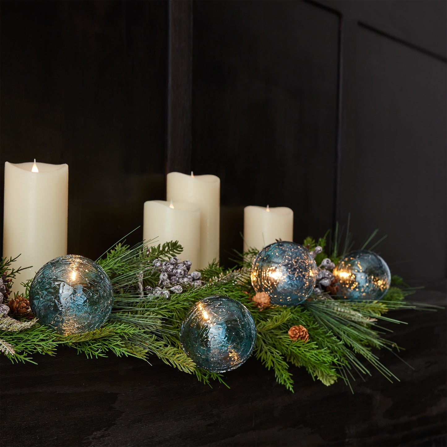 LED Blue Crackle Glass Ball Ornament String (Set of 4)