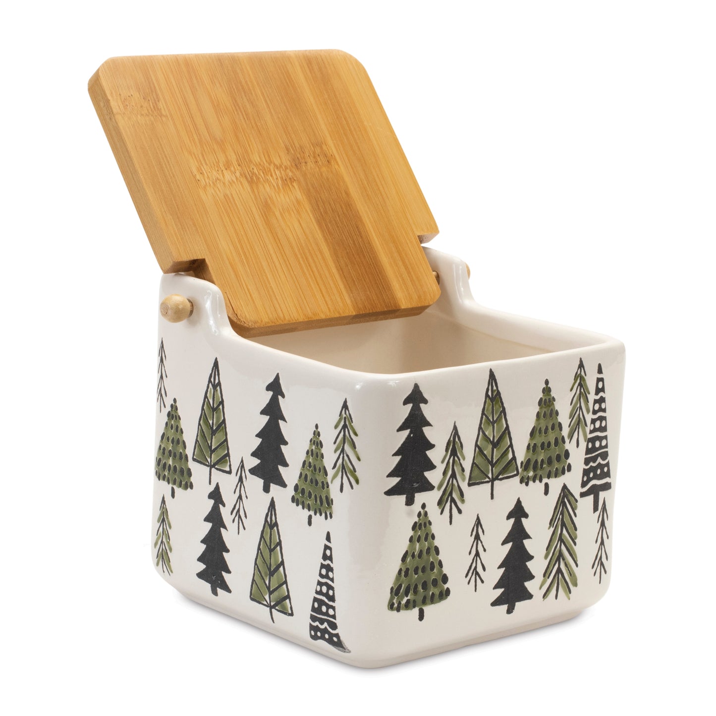 Ceramic Pine Tree Canister with Wood Lid 5.25"L