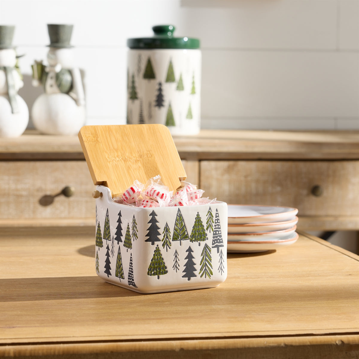 Ceramic Pine Tree Canister with Wood Lid 5.25"L