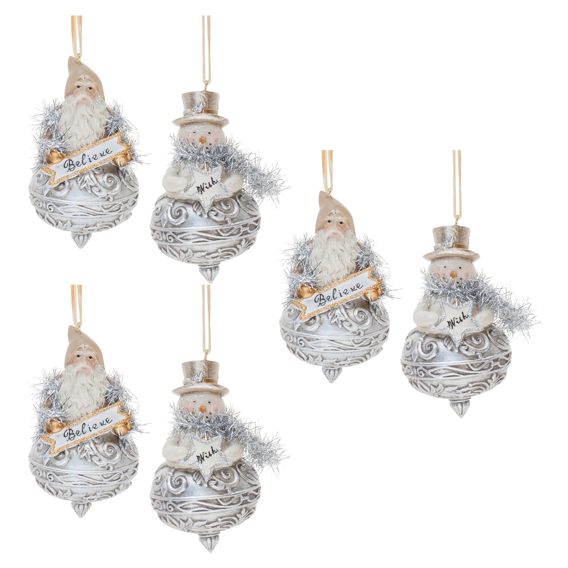 Ornate Santa and Snowman Finial Ornament (Set of 6)