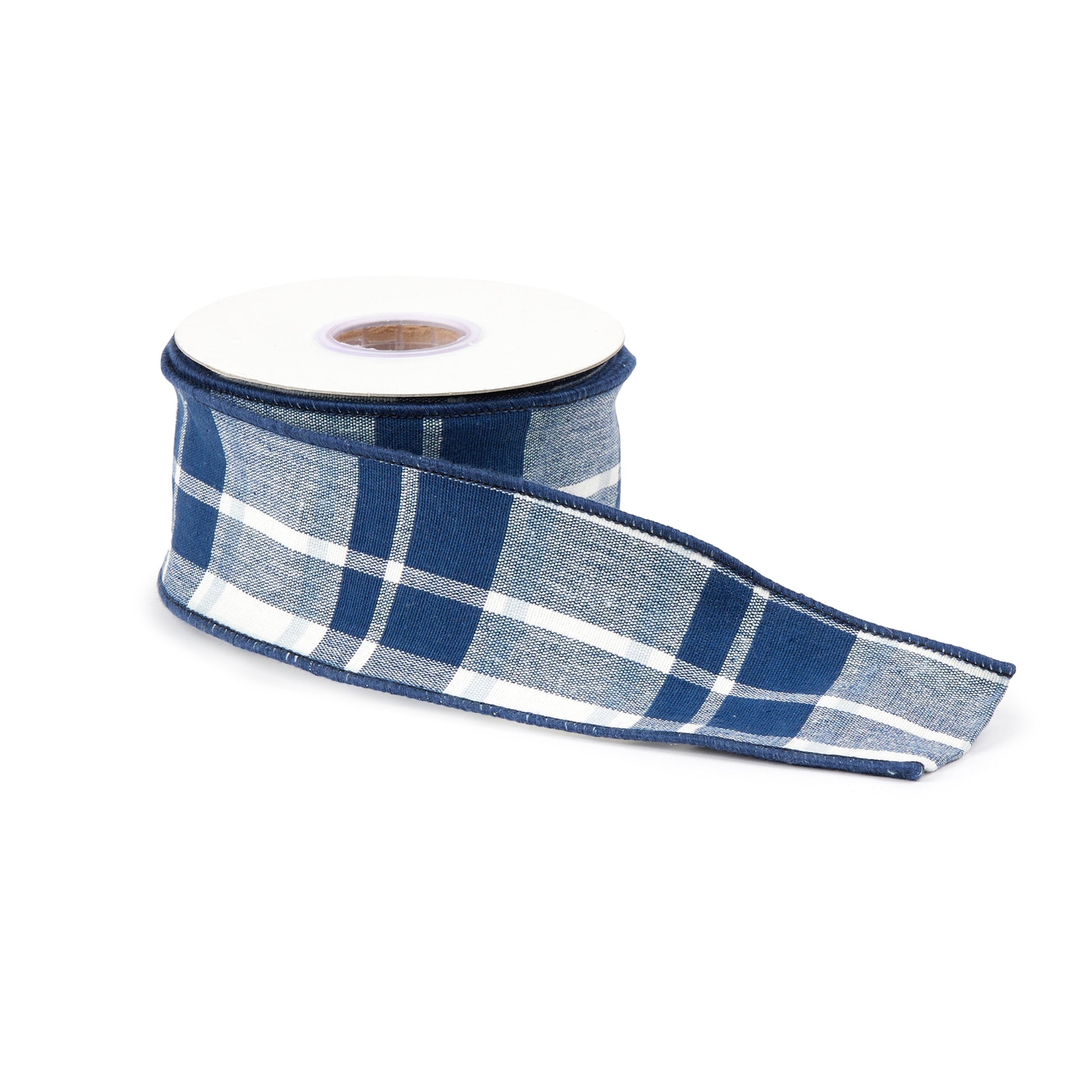 Navy Blue and White Plaid Wired Ribbon (Set of 2)