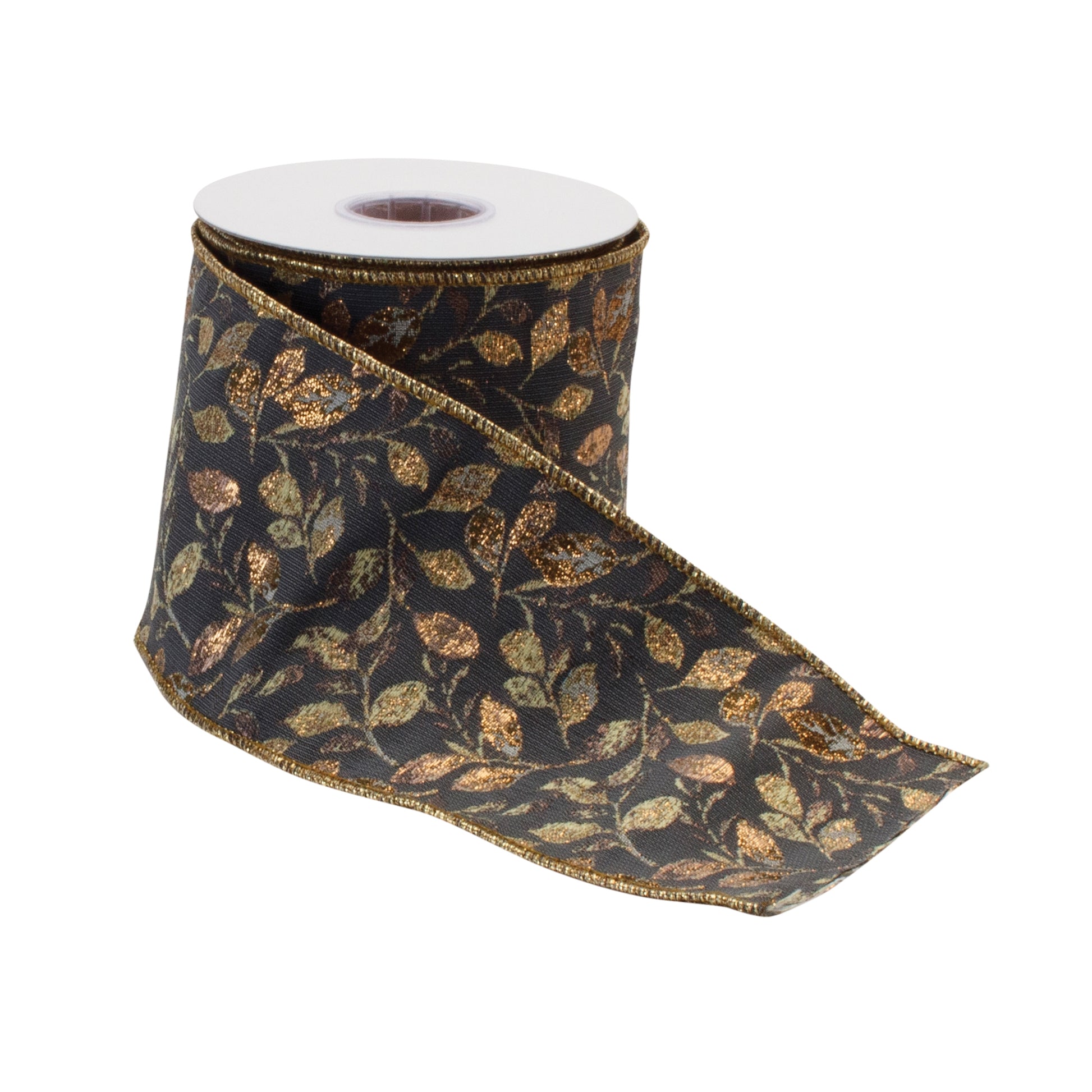 Grey and Gold Leaf Print Wired Ribbon 4" x 5yds