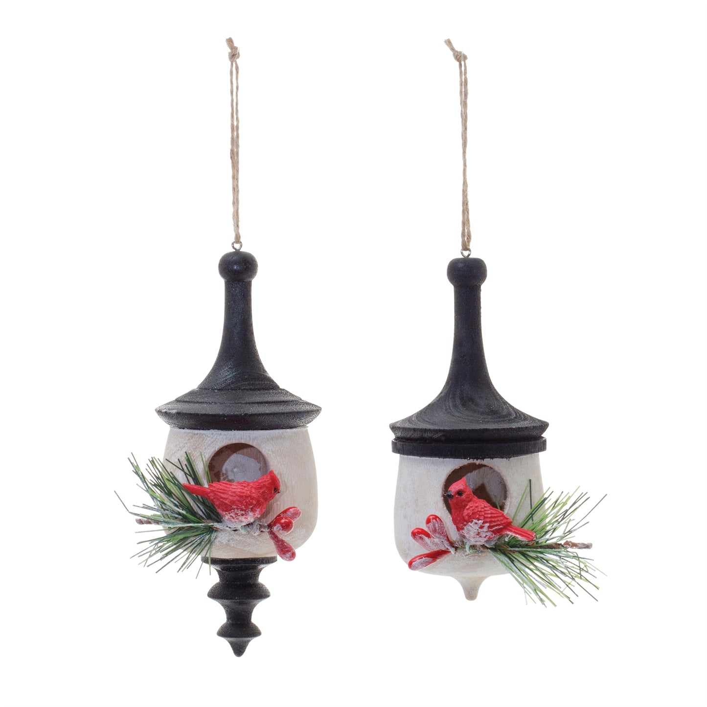 Wood Finial Birdhouse with Cardinal Ornament (Set of 6)