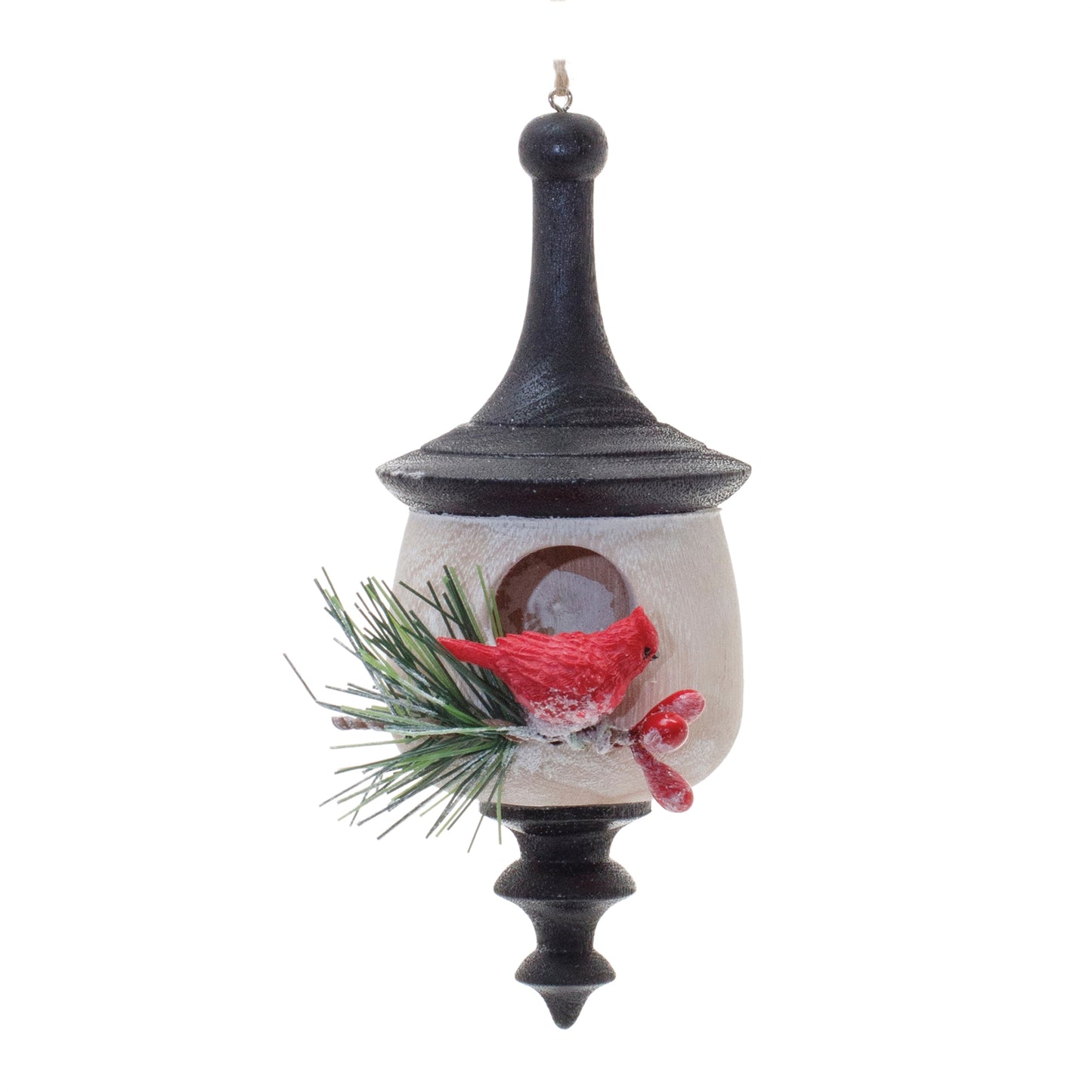 Wood Finial Birdhouse with Cardinal Ornament (Set of 6)