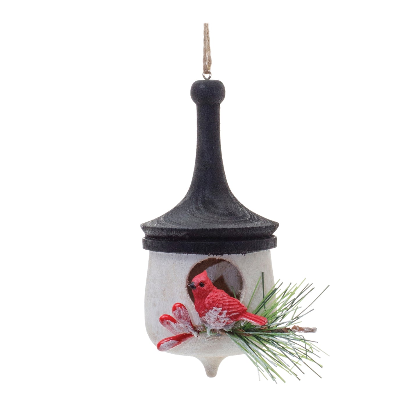 Wood Finial Birdhouse with Cardinal Ornament (Set of 6)