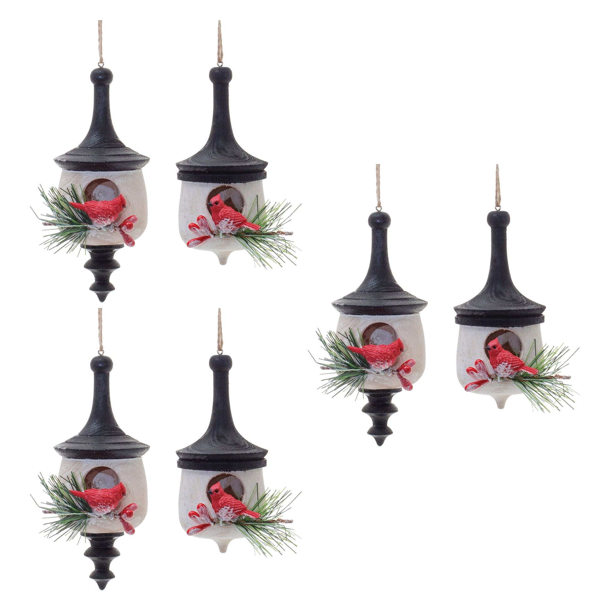 Wood Finial Birdhouse with Cardinal Ornament (Set of 6)