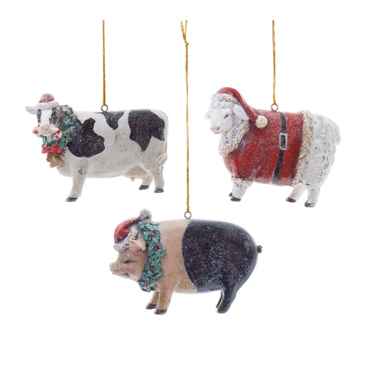 Holiday Farm Animal Ornaments (Set of 12) 3.5"L x 2.5"H Resin