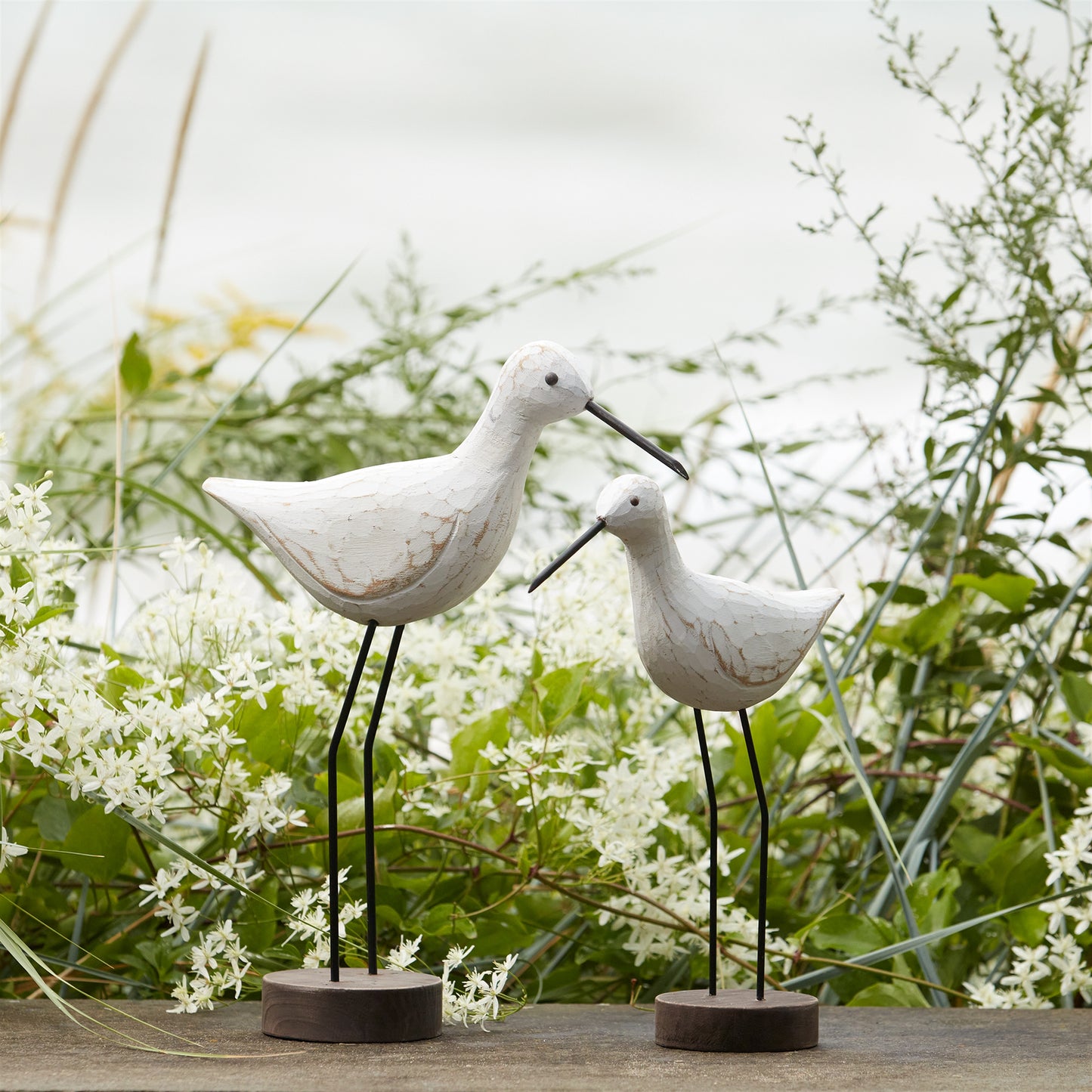 Carved Wood Sea Bird with Metal Stand (Set of 2)