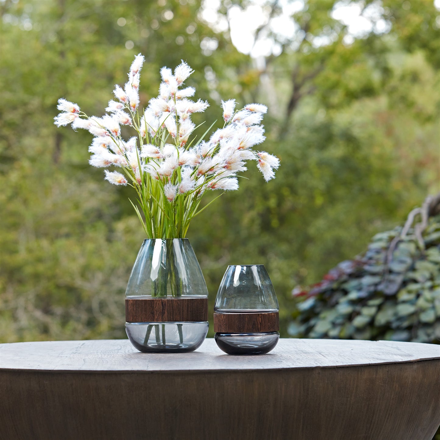 Grey Glass Vase with Natural Wood Accent 7.5"H