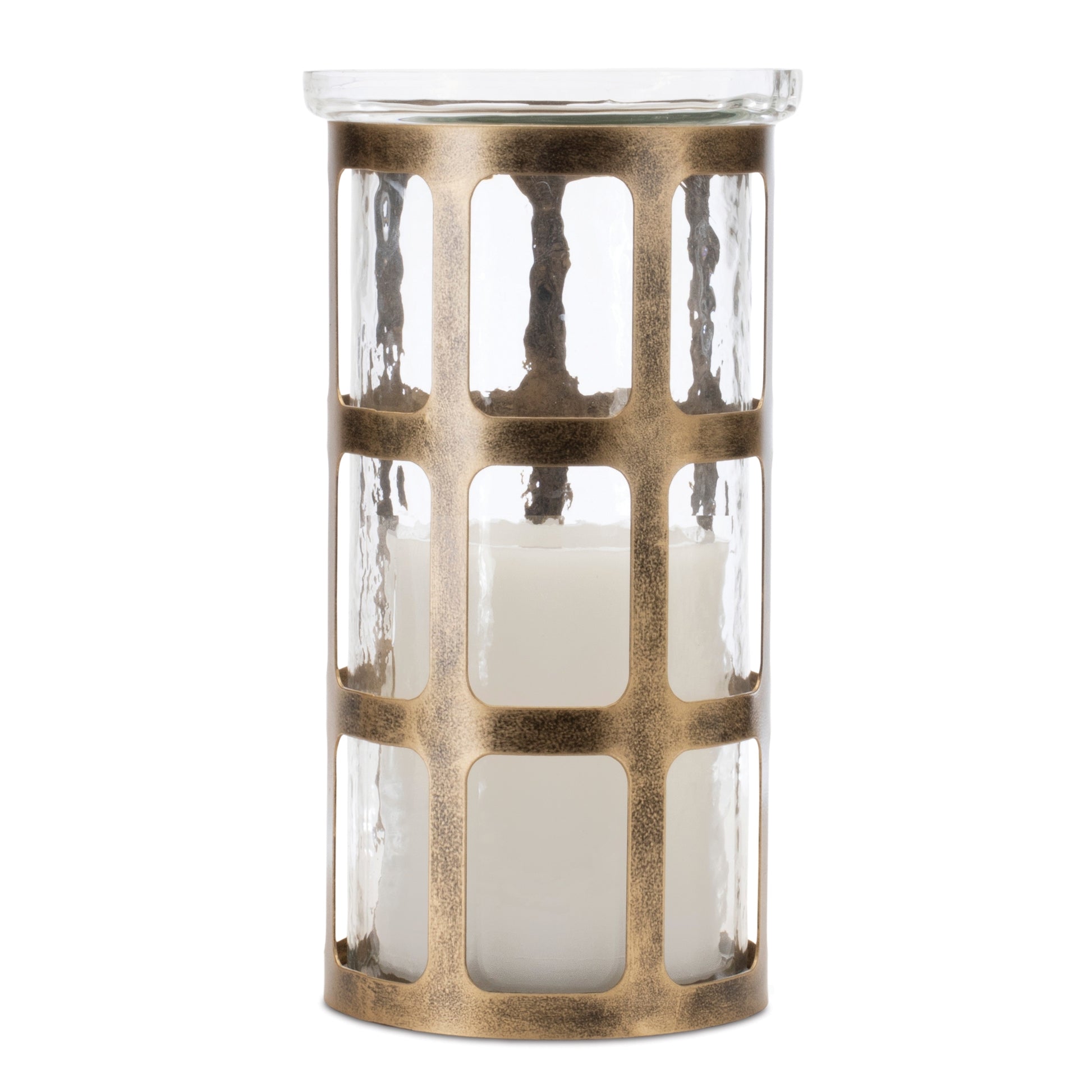 Wavy Glass Candle Holder with Distressed Metal Frame 10"H