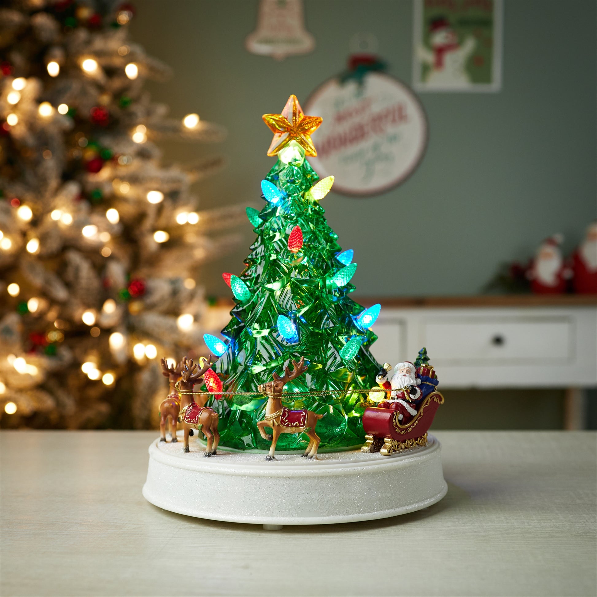 LED Rotating Musical Santa's Sleigh Christmas Tree 11"H