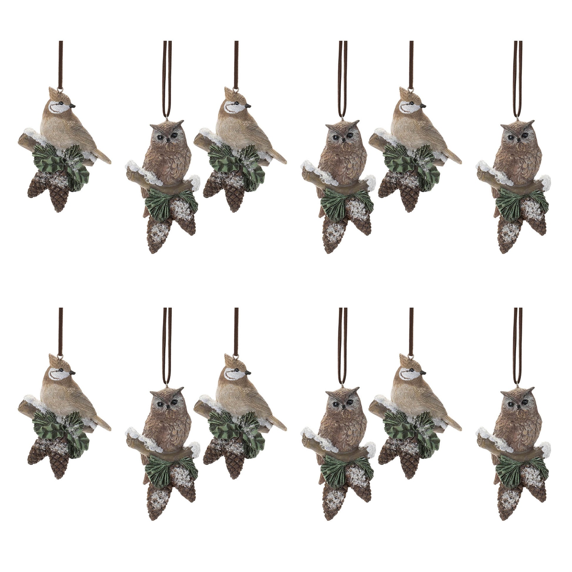 Snowy Cardinal Bird and Owl Ornament (Set of 12)