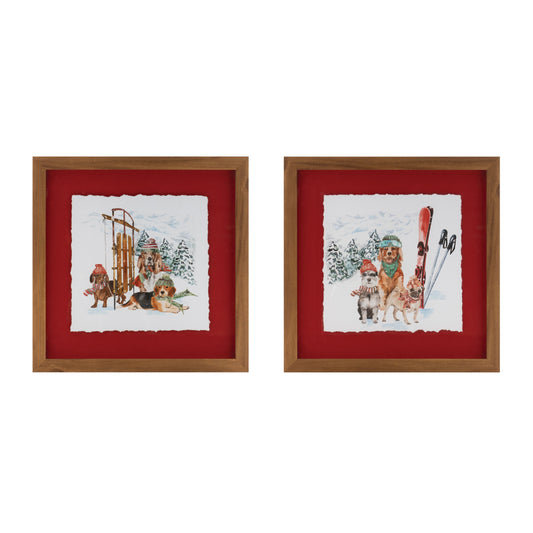Framed Dog Sled and Ski Print Under Glass (Set of 2)