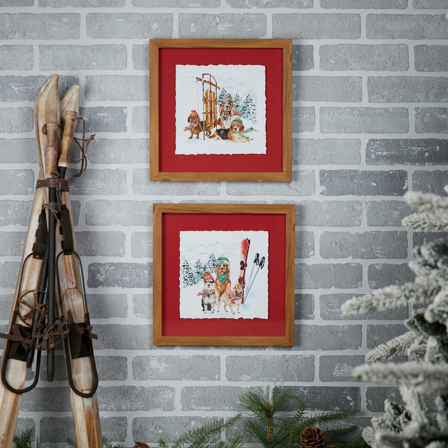 Framed Dog Sled and Ski Print Under Glass (Set of 2)