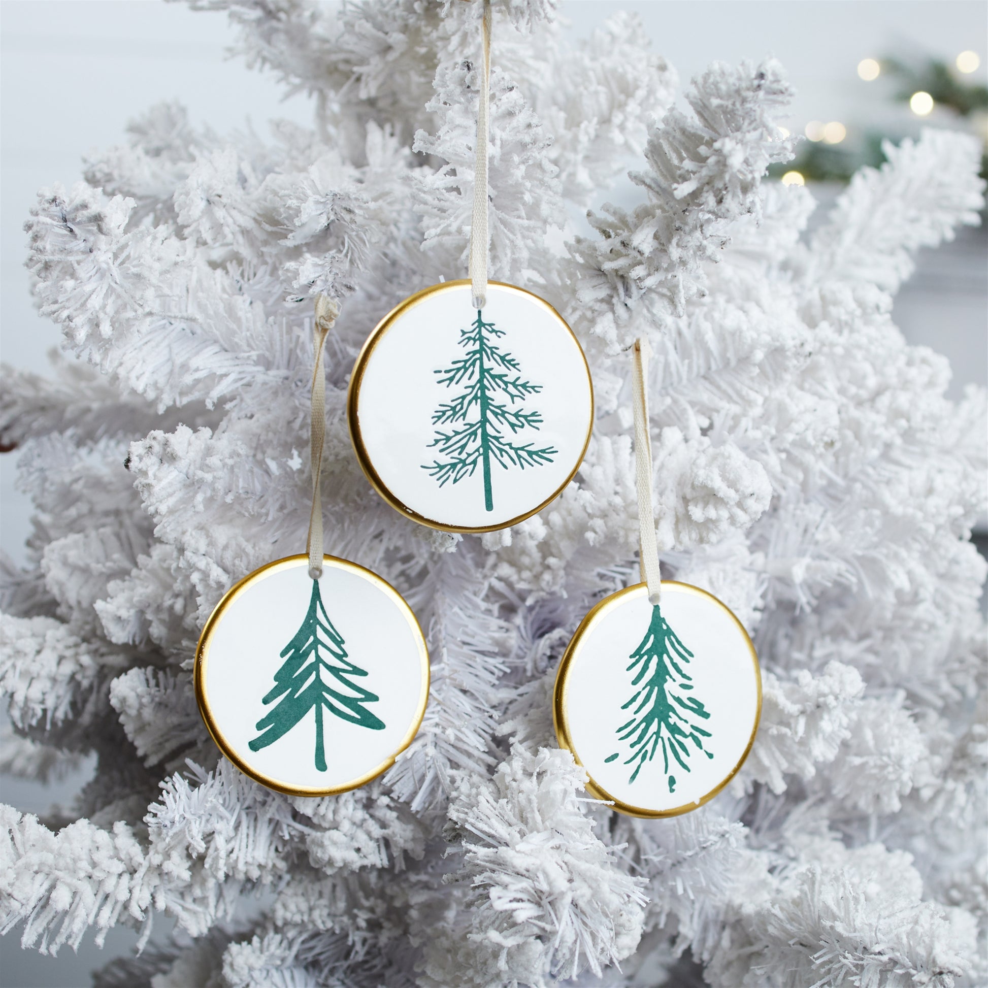 Ceramic Pine Tree Disc Ornament (Set of 12)