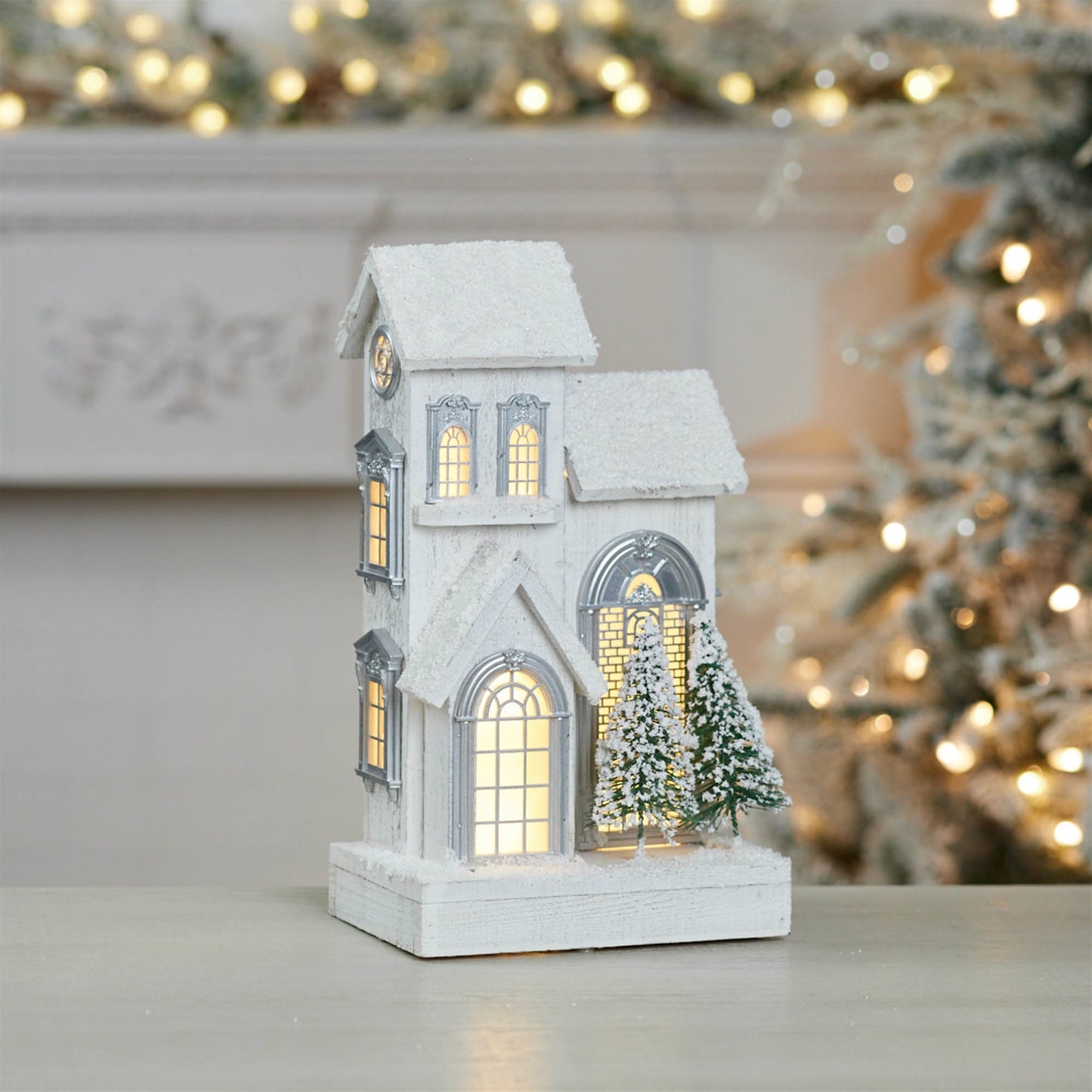 LED Flocked Wooden House 14.5"H