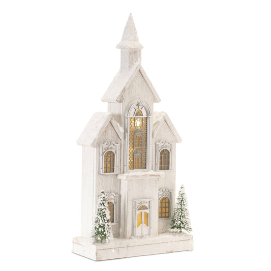 LED Flocked Wooden Church 22"H