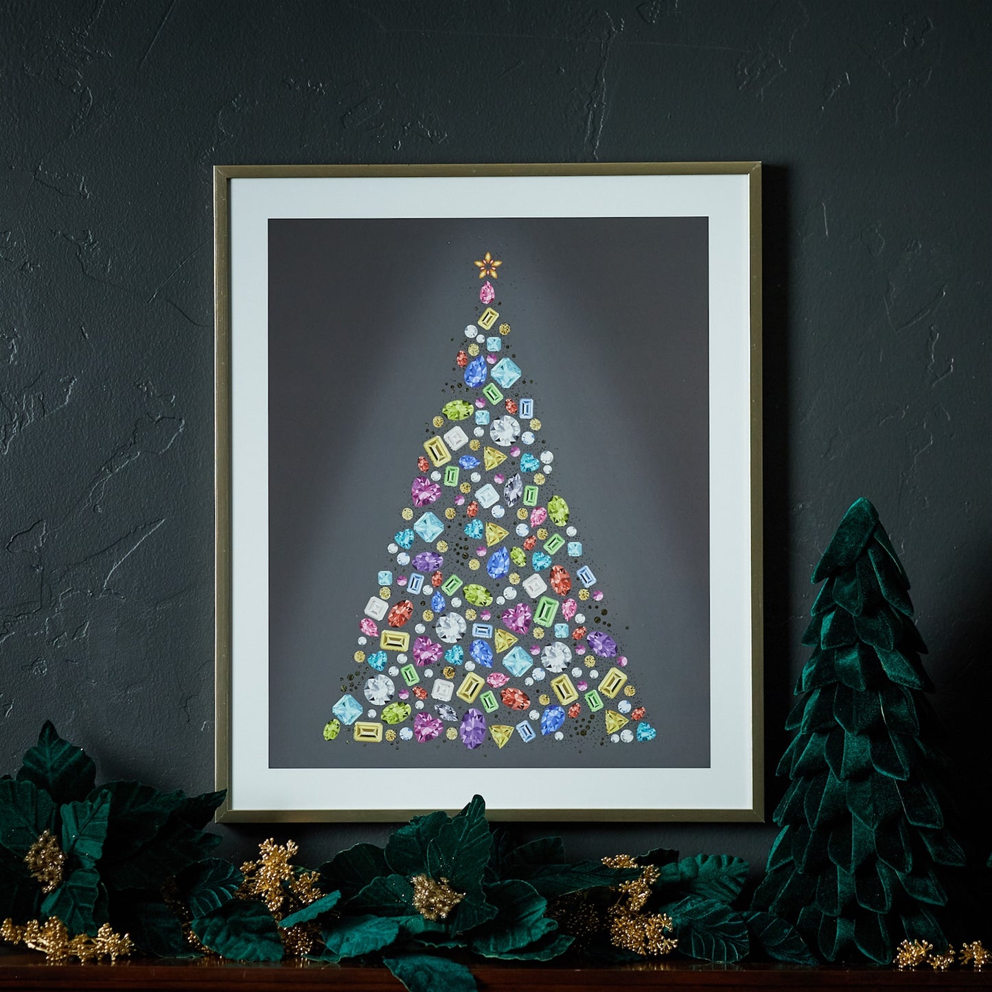 Holiday Jewel Tree Print Under Glass 23.5"H
