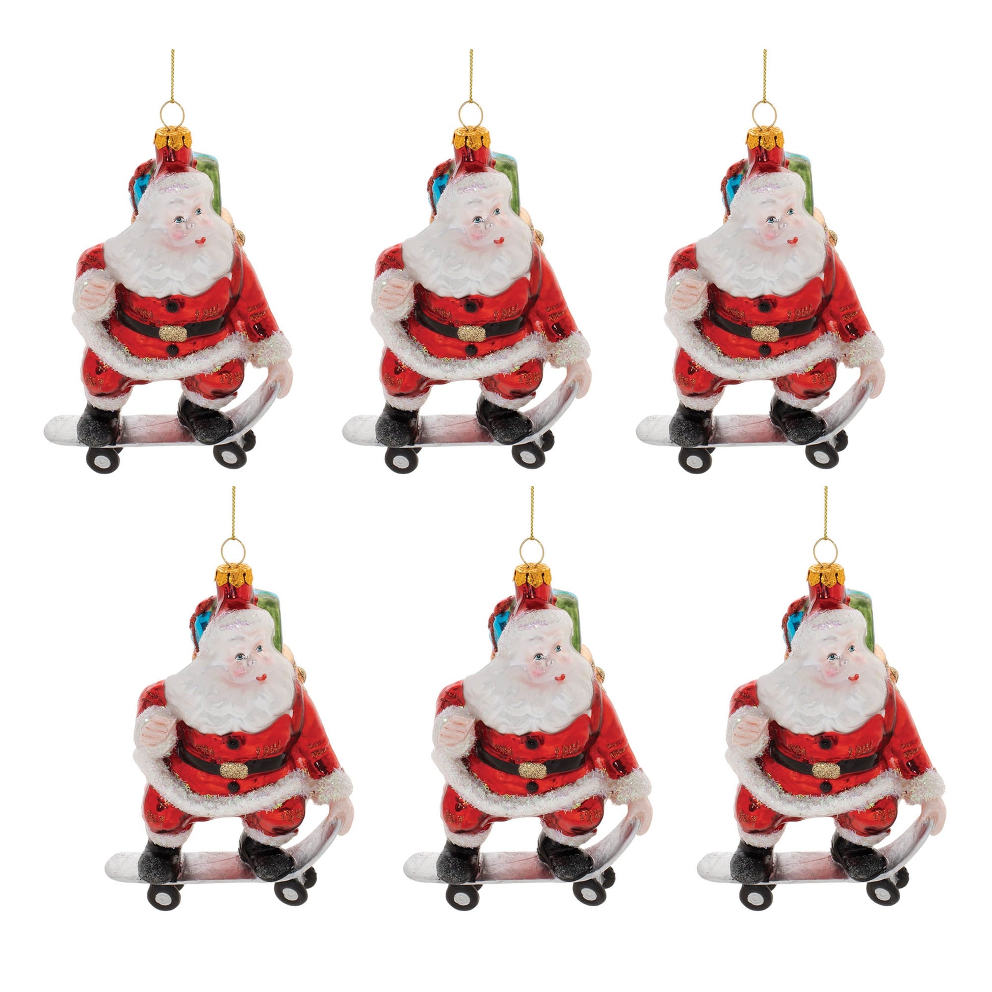 Glass Skateboarding Santa Oranment (Set of 6)