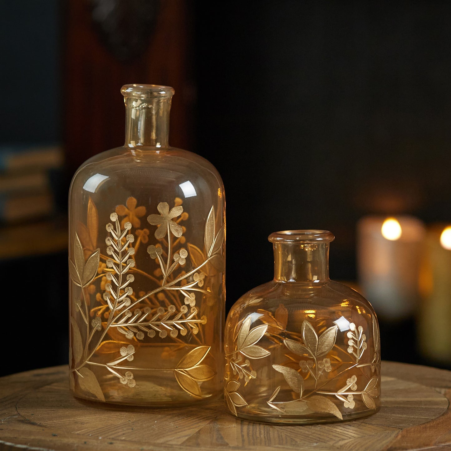 Foliage Etched Glass Bottle Vase (Set of 2)