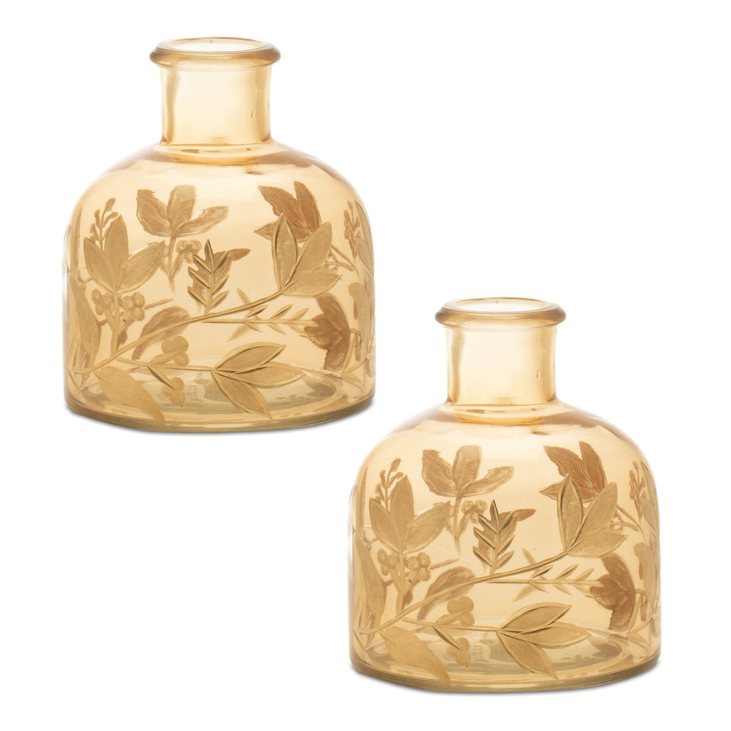 Foliage Etched Glass Bottle Vase (Set of 2)