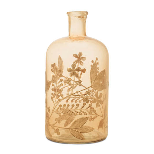 Foliage Etched Glass Bottle Vase 10"H