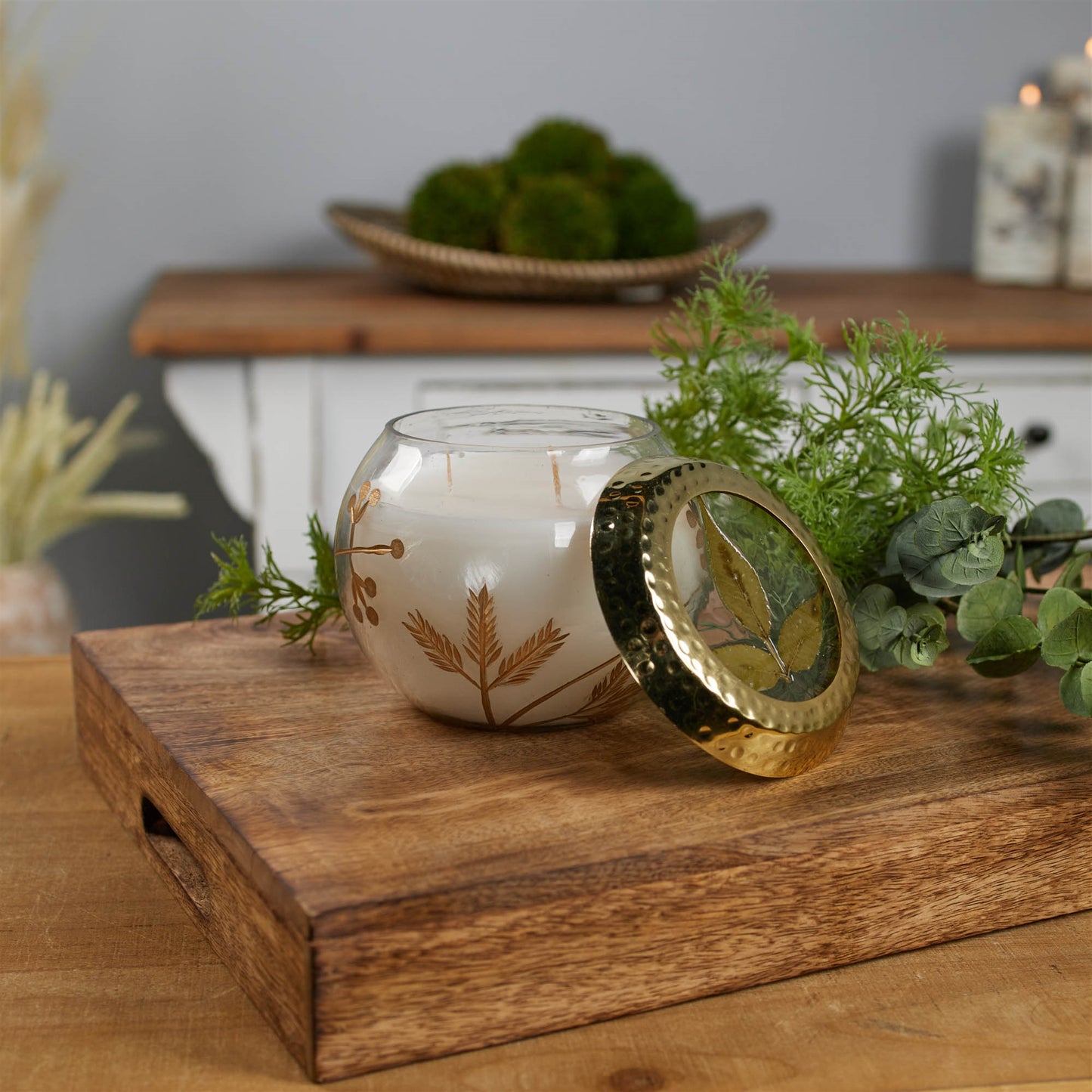 Frosted Juniper Scented Soy Candle with Pressed Leaf Lid 5"D