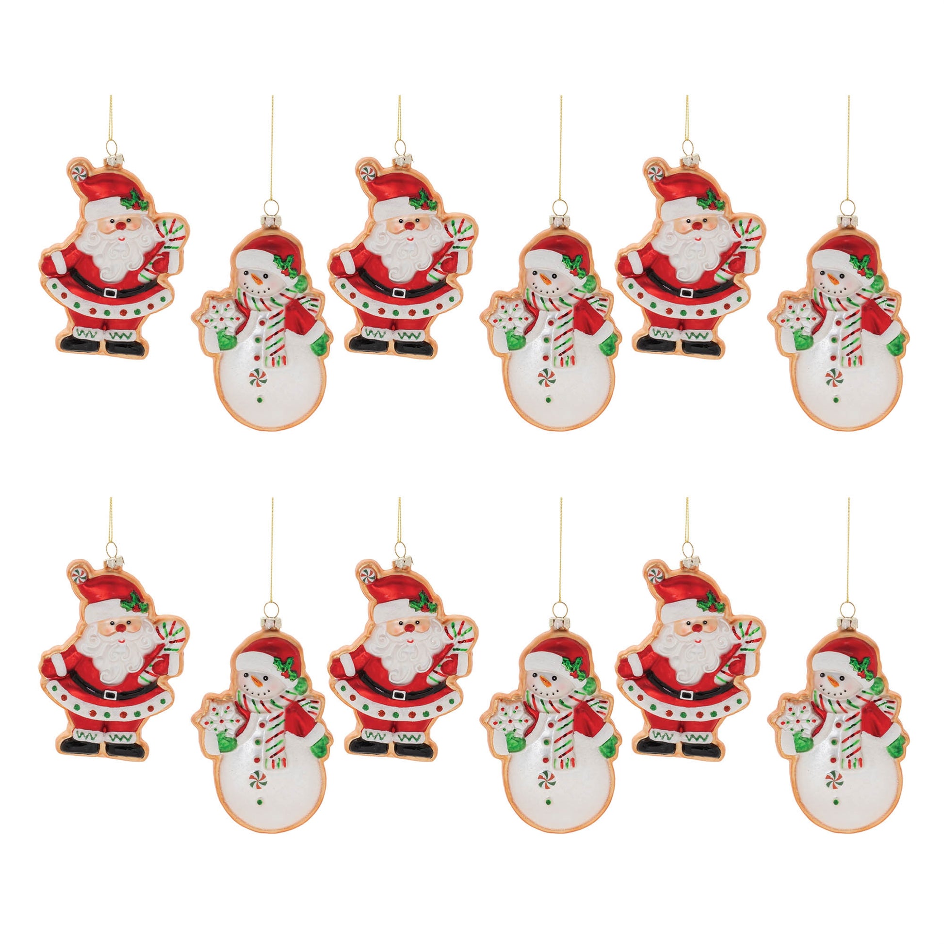 Glass Santa and Snowman Cookie Ornament (Set of 12)