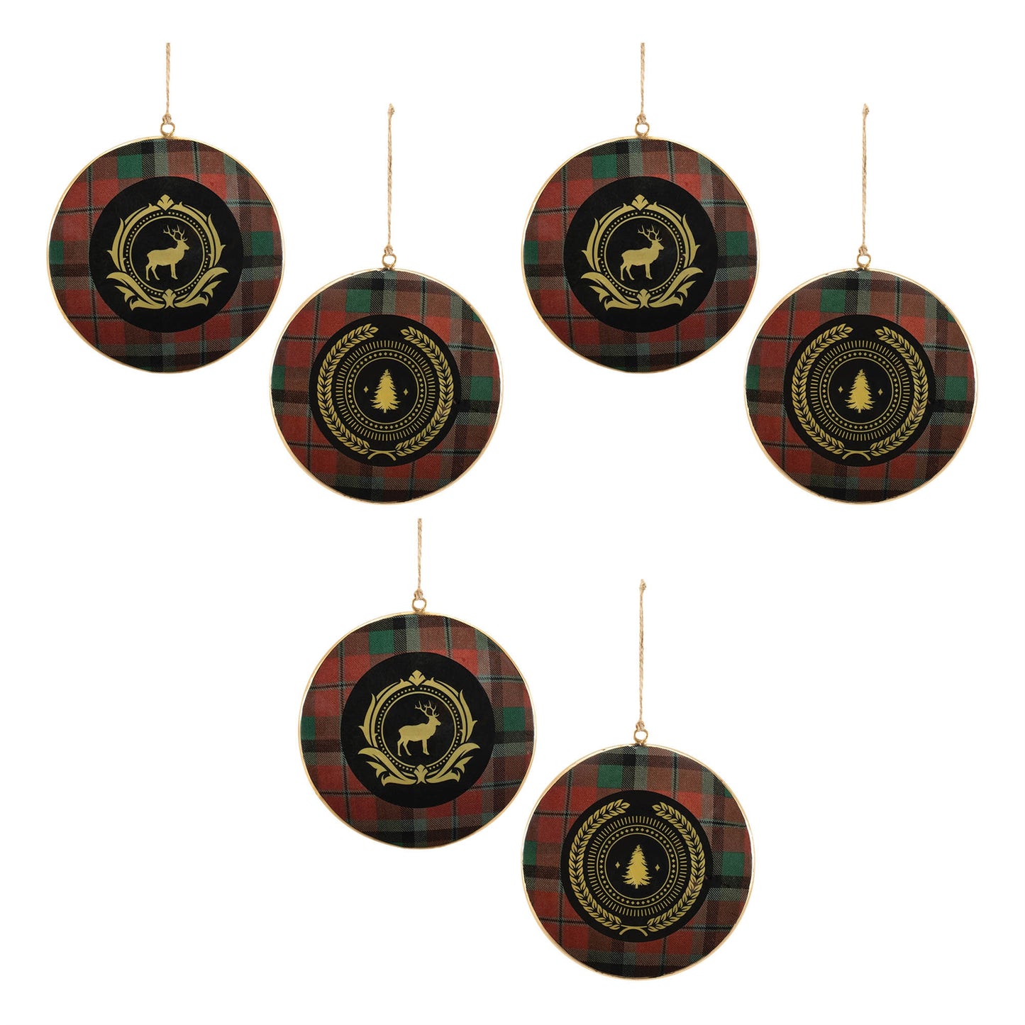 Metal Deer and Pine Tree Disc Ornament (Set of 6)
