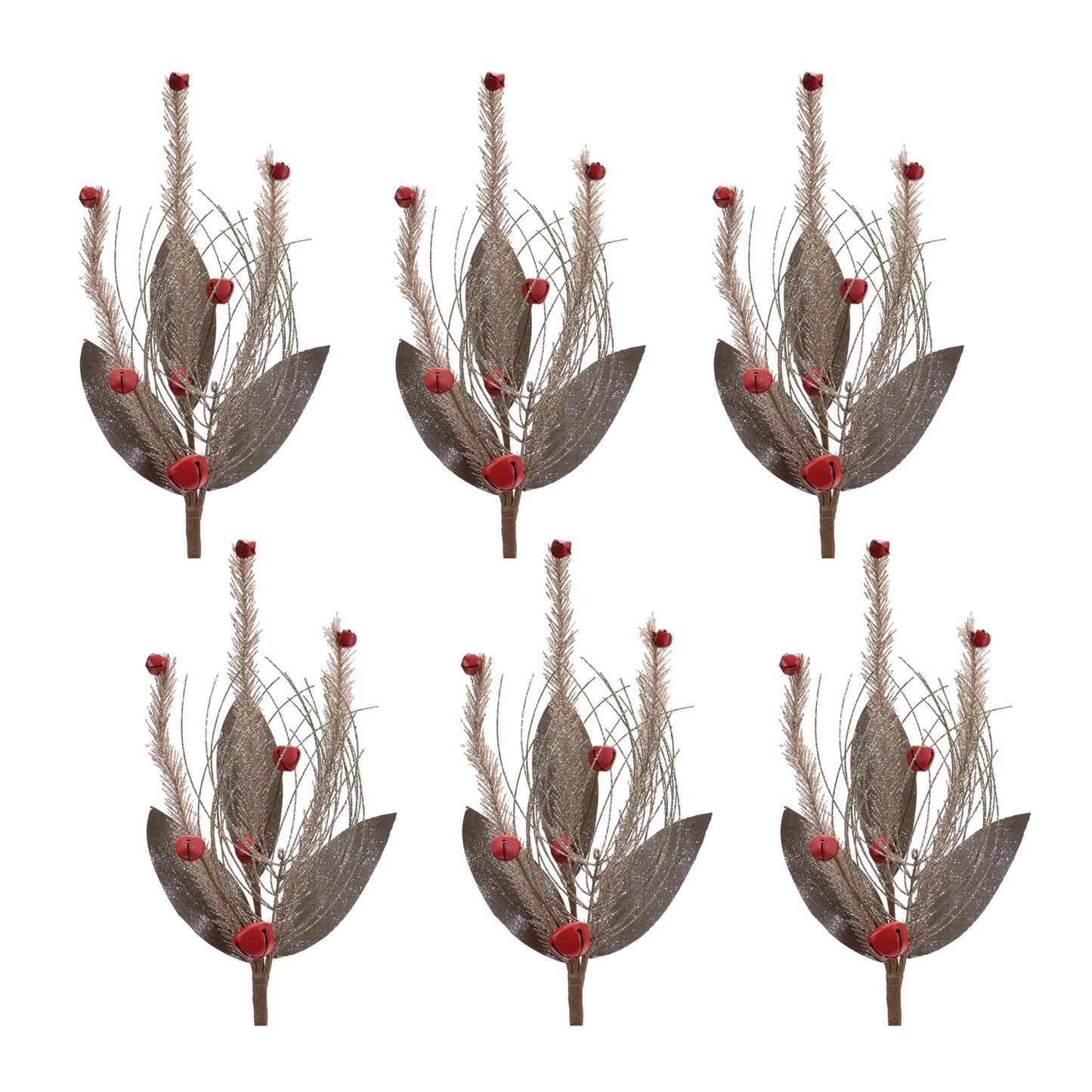 Glittered Pine and Sleigh Bell Spray (Set of 6)