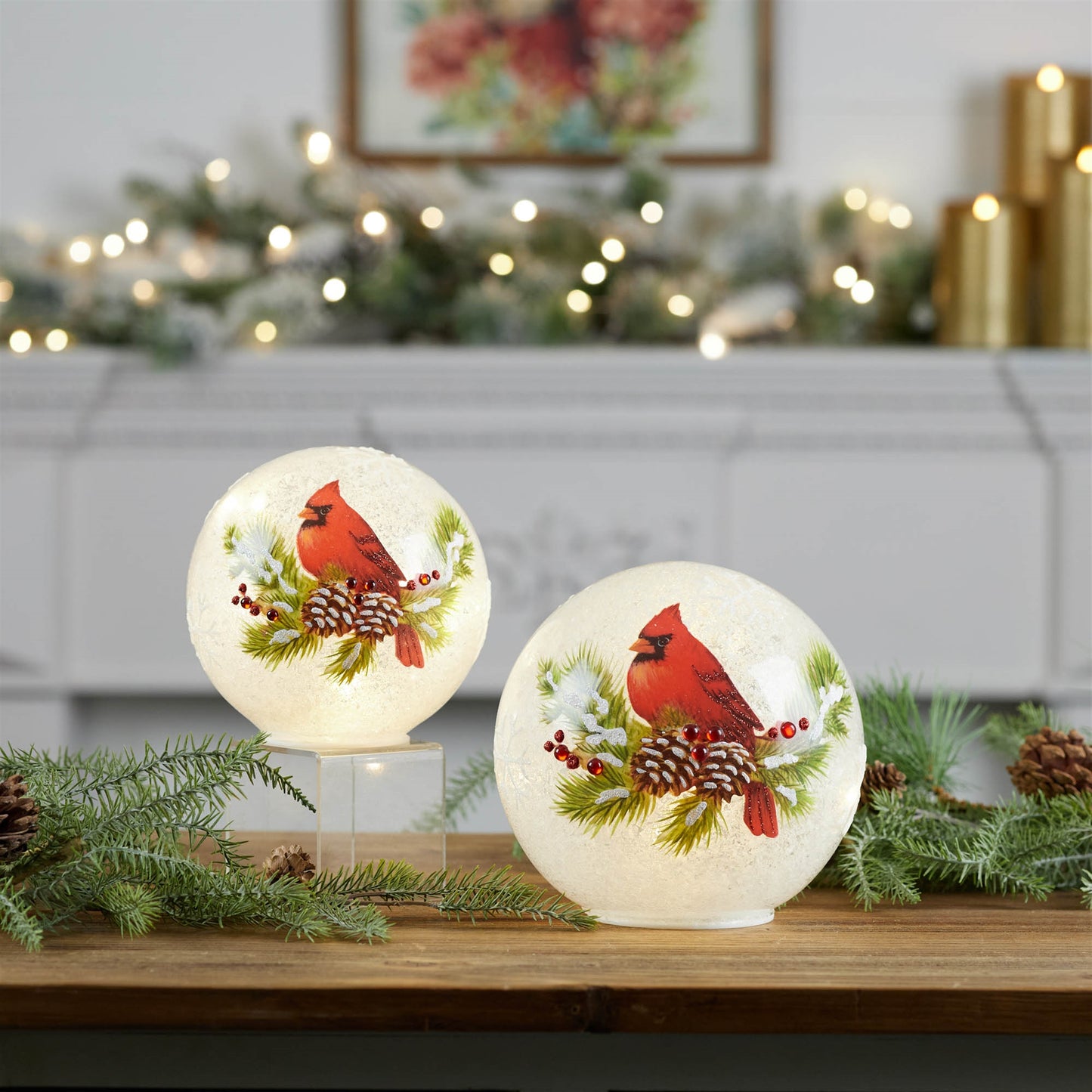 LED Cardinal Pine Globe (Set of 2)