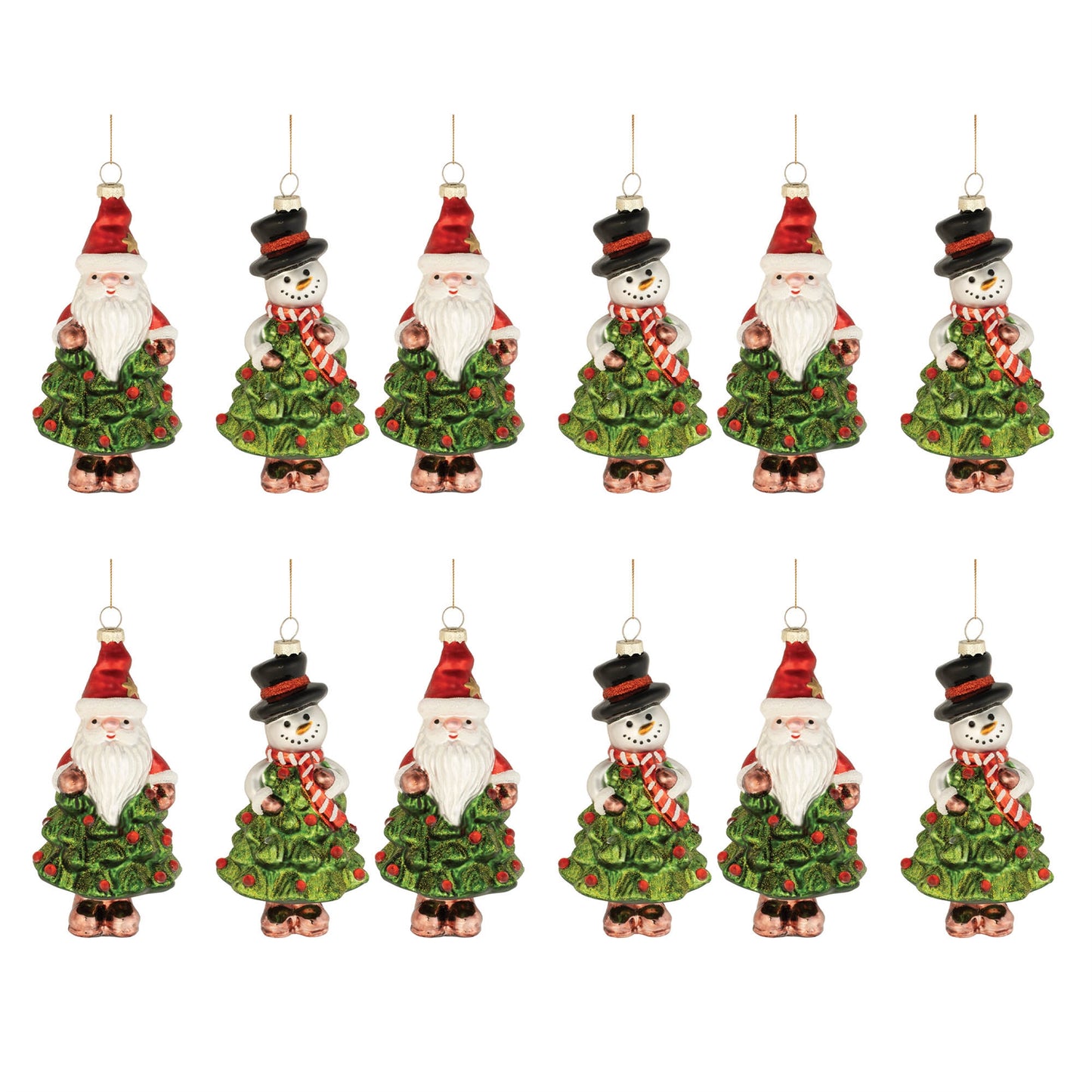 Glass Santa and Snowman Christmas Tree Ornament (Set of 12)