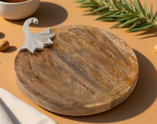 Wooden Pumpkin Tray with Aluminum Stem 14"L