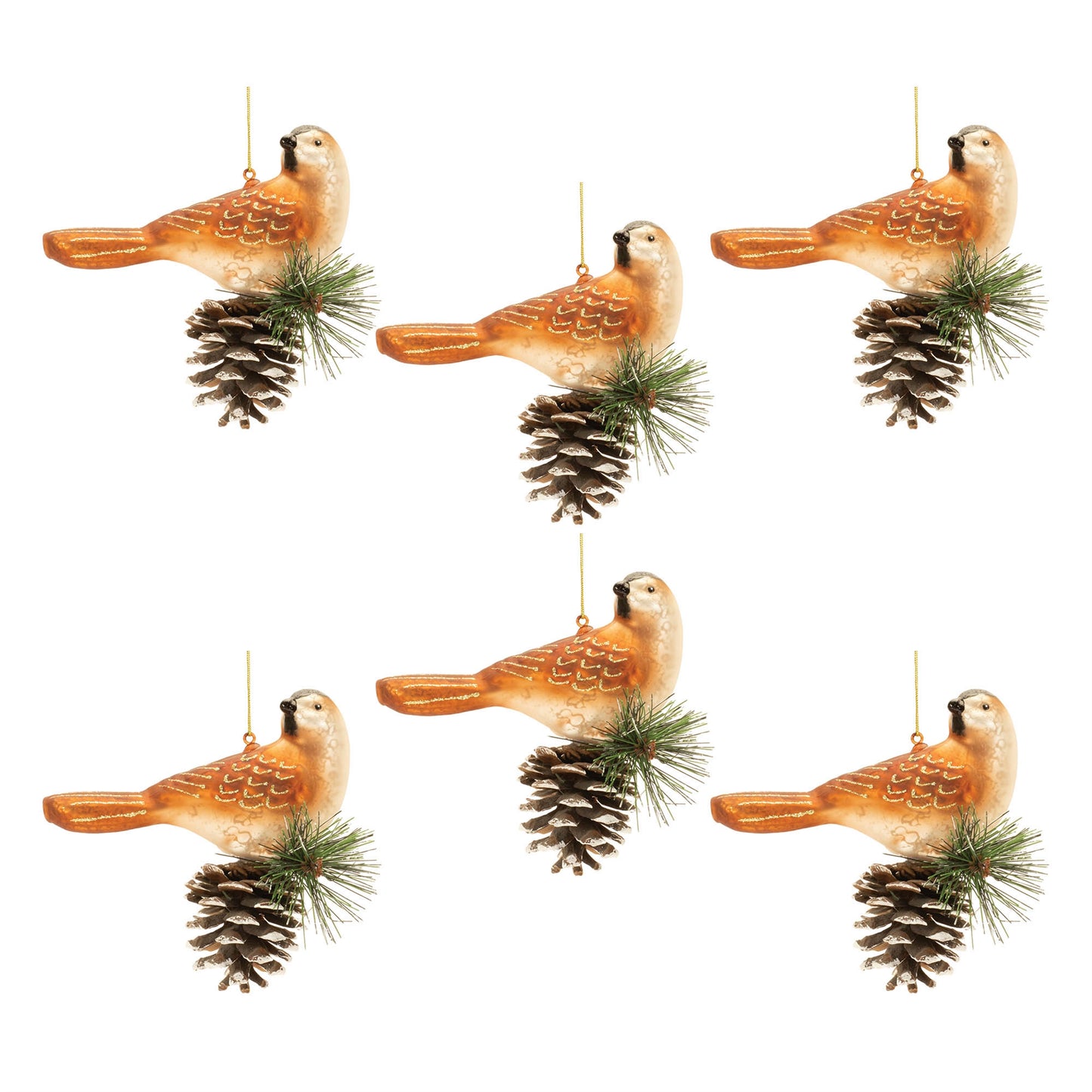 Glittered Glass Bird and Piencone Ornament (Set of 6)