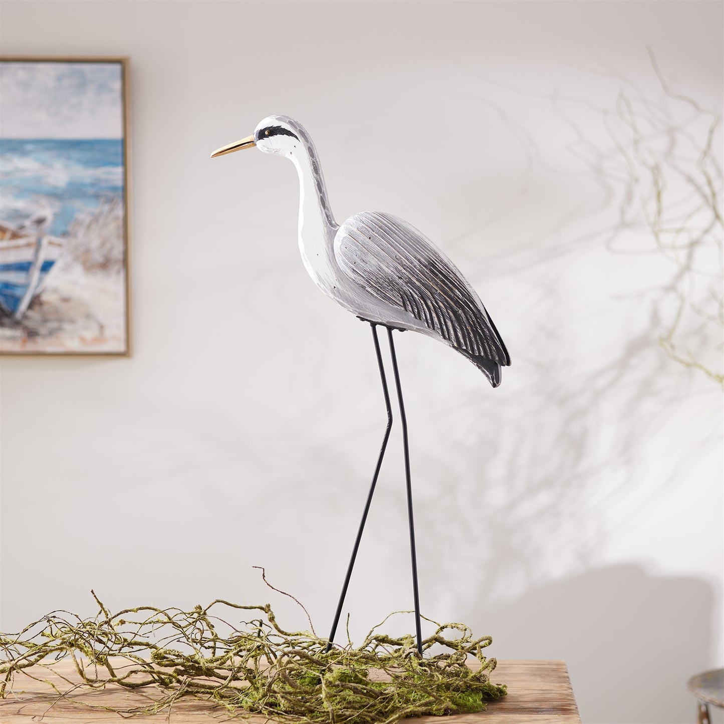 Paulownia Wood Heron Bird Statue with Metal Legs Base 29.5"H
