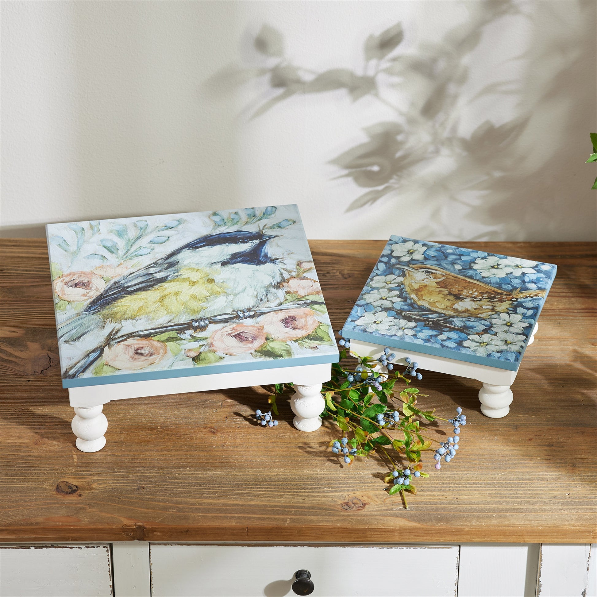 Wooden Floral Bird Pedestal Tray (Set of 2)