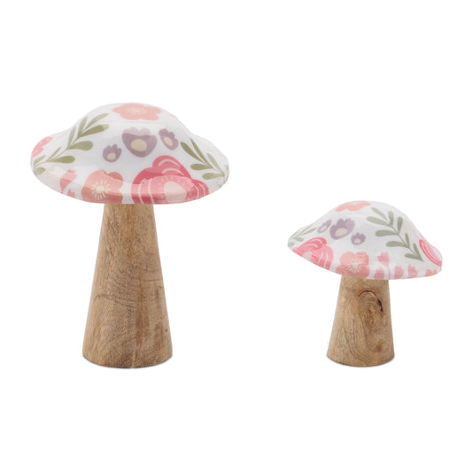Wood Floral Patterned Mushroom (Set of 2)