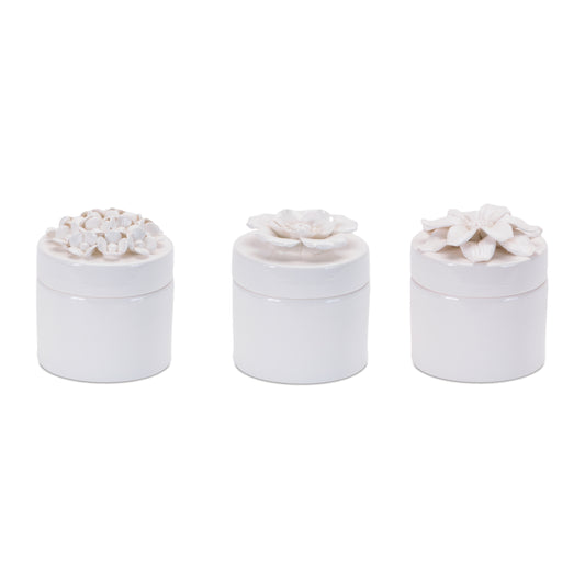 Stoneware Box with Floral Lid Accent (Set of 3)