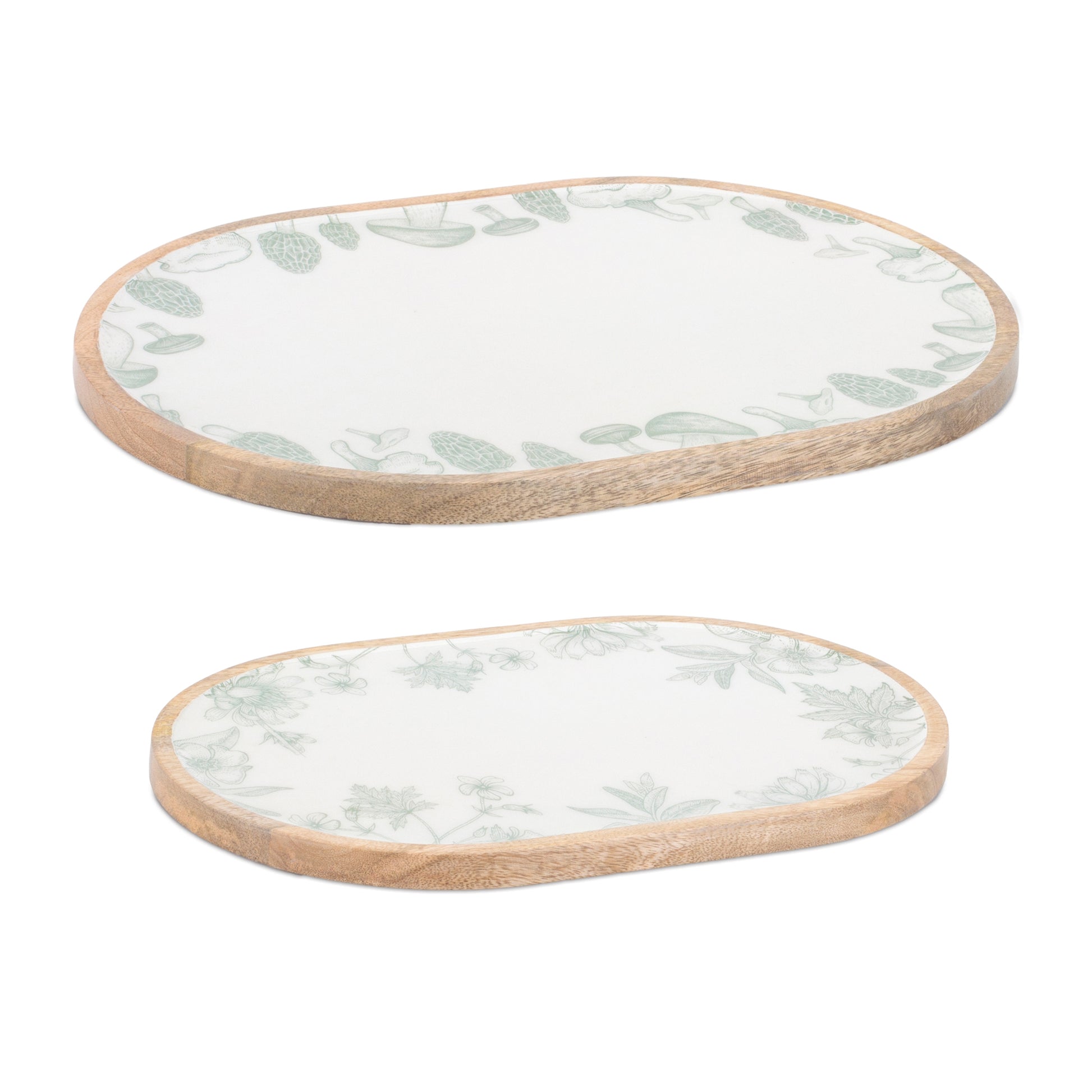 Wood Mushroom and Floral Print Tray (Set of 2)