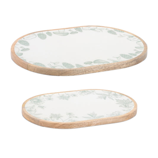 Wood Mushroom and Floral Print Tray (Set of 2)