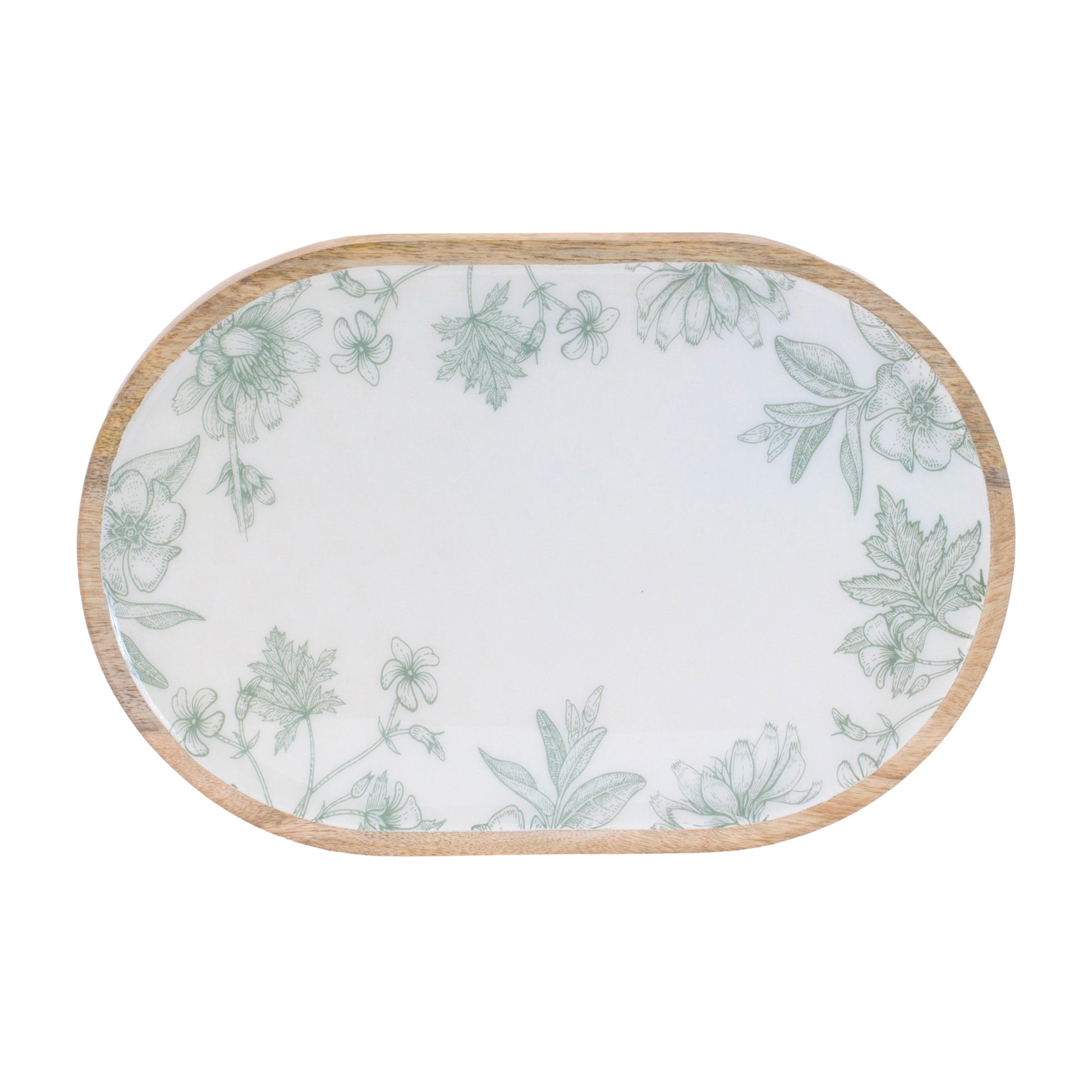 Wood Mushroom and Floral Print Tray (Set of 2)