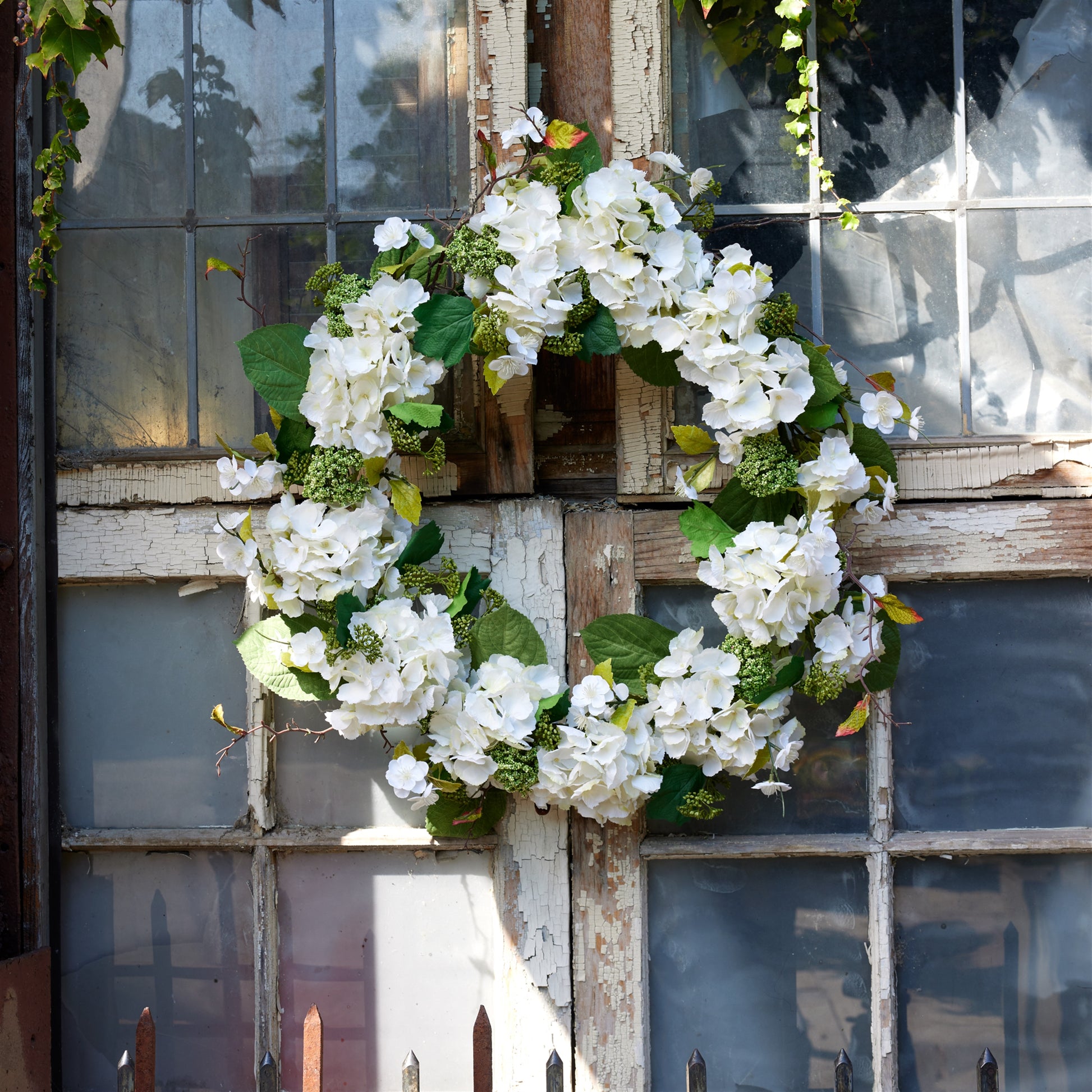 Hydrangea and Seedum Floral Wreath 32"D