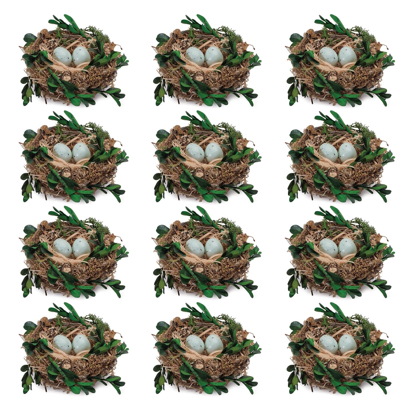 Twig Bird Nest with Eggs and Boxwood Foliage (Set of 12)