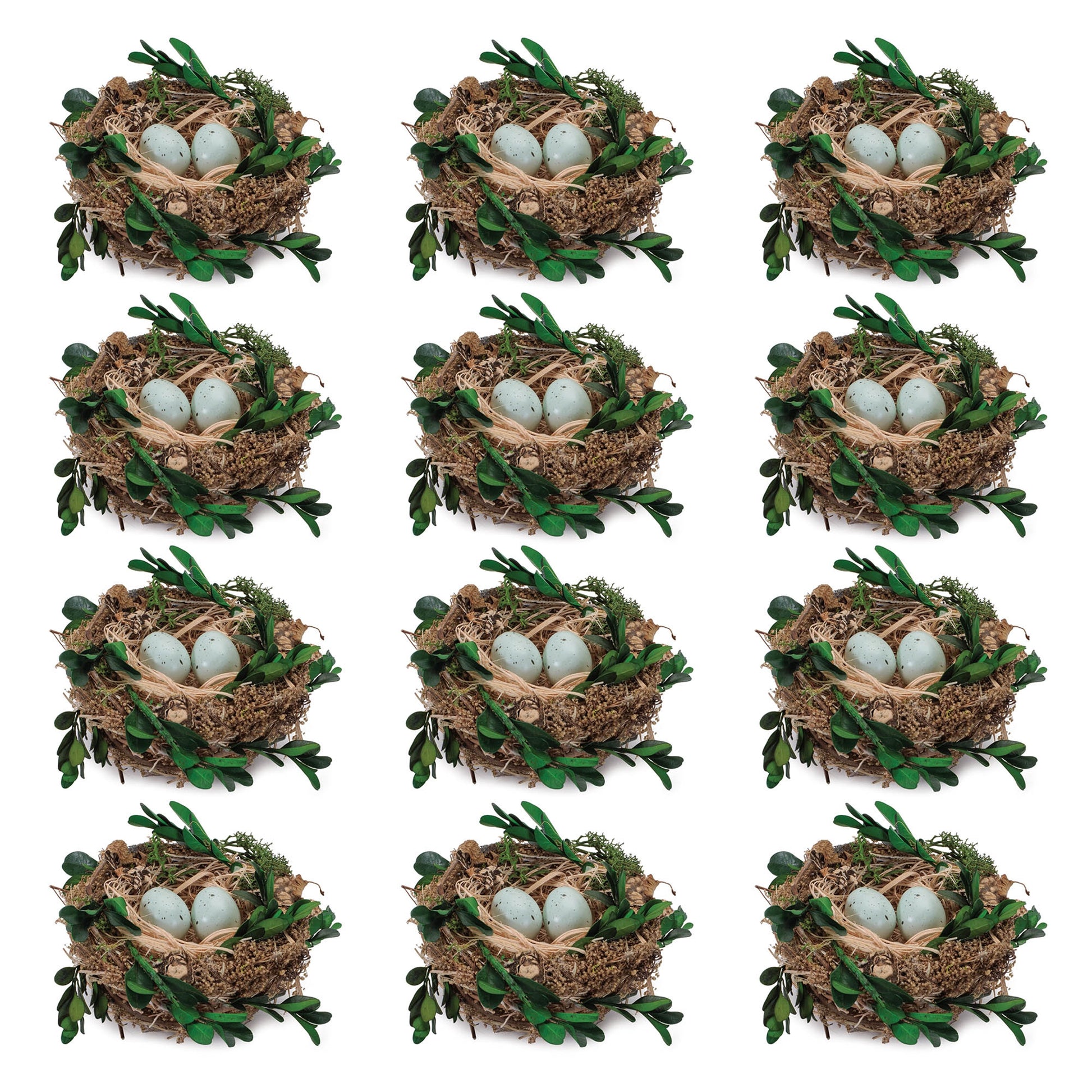Twig Bird Nest with Eggs and Boxwood Foliage (Set of 12)