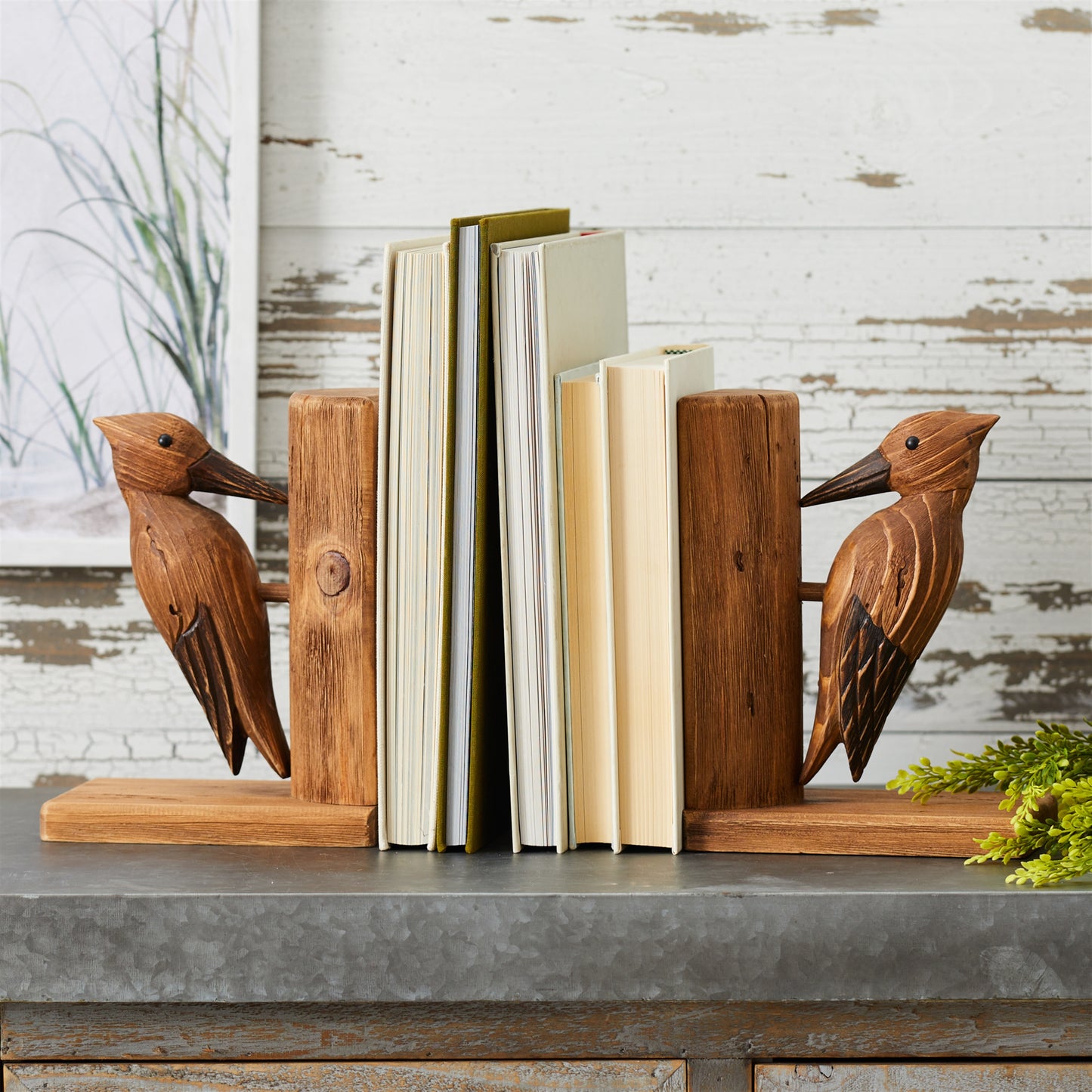 Pine Wood Woodpecker Bird Bookend (Set of 2)