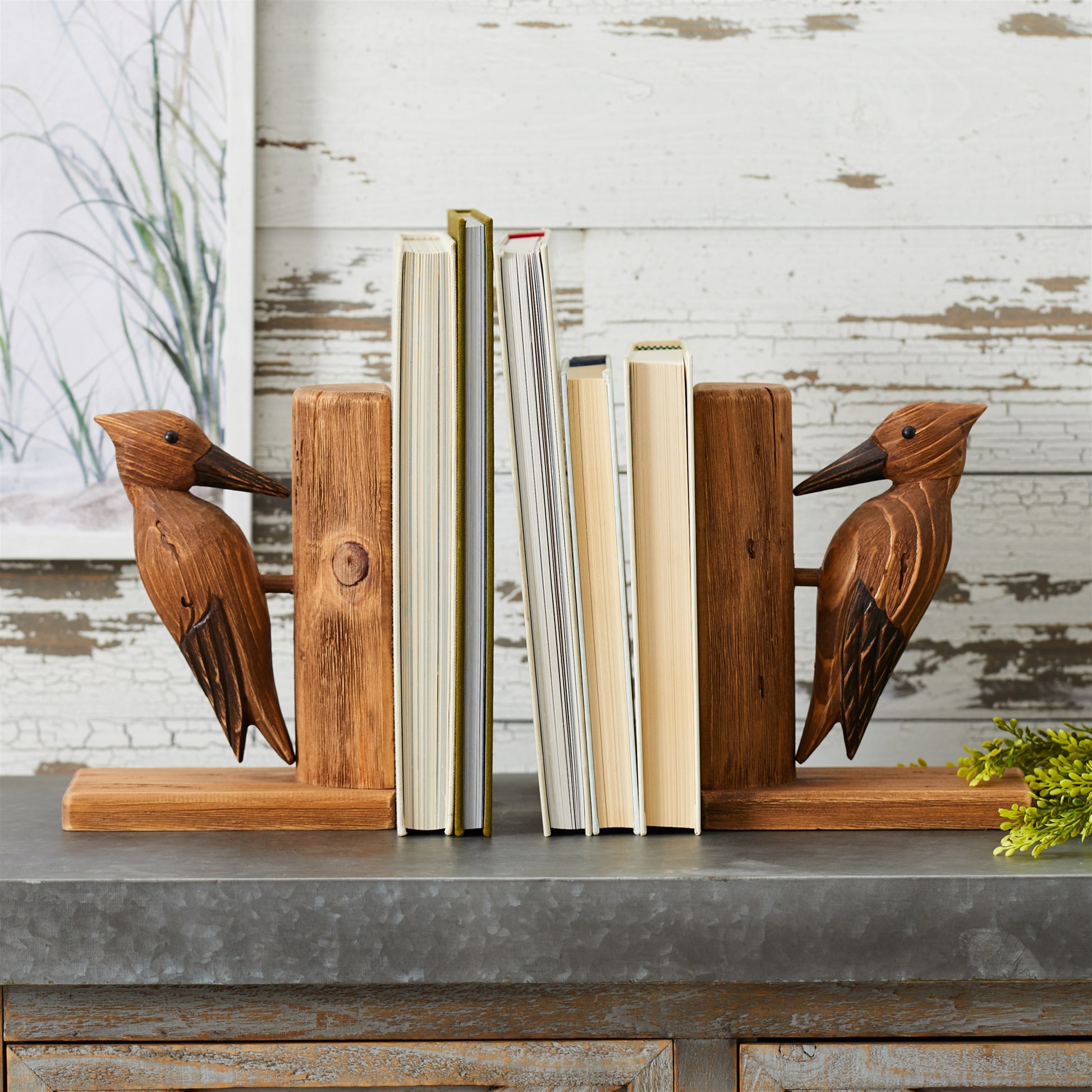 Pine Wood Woodpecker Bird Bookend (Set of 2)
